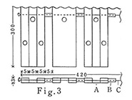 Fig.3. Togashi's Grid (Part). A. Unit Pipe. B. Spacer. C. Piano Wire. (size in mm)