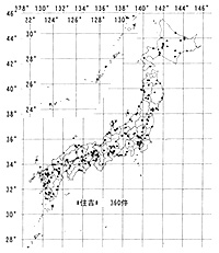 図3．住吉の分布。地図で見る日本地名索引より部分一致検索および作図。
