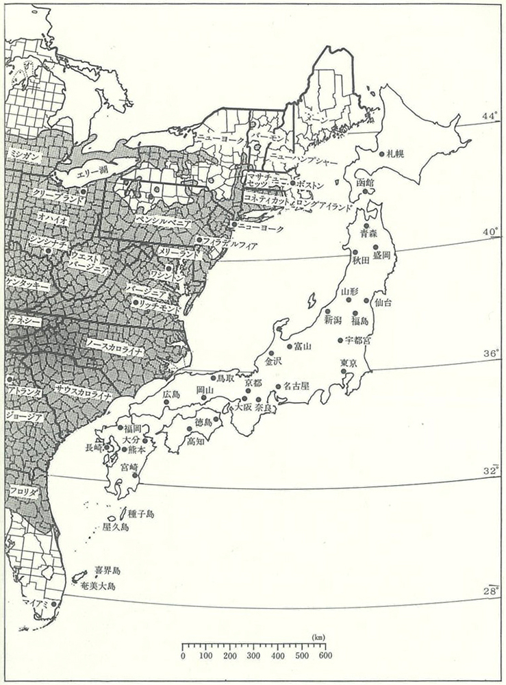 アメリカのユリノキ自然分布地と日本列島の地理的対応