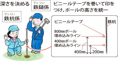 深さを決める（鉄鎚係）（鉄杭係）ビニールテープを巻いて印をつけ、ポールの高さを統一